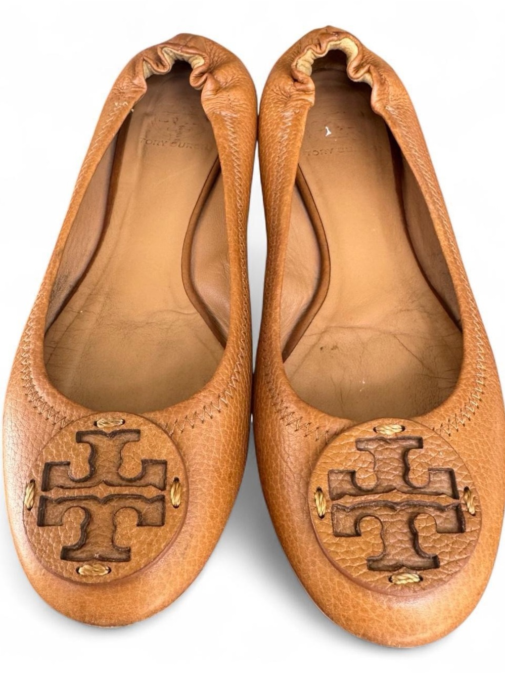 Tory Burch Minnie Travel Ballet Flat Size 8 | Tan Leather Logo | Retail $228
